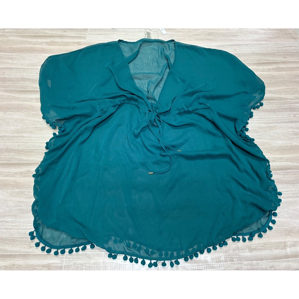 Bleu Rod Beattie Tropic Thunder Teal Pom Pom Kaftan Swim Cover Up Womens Large